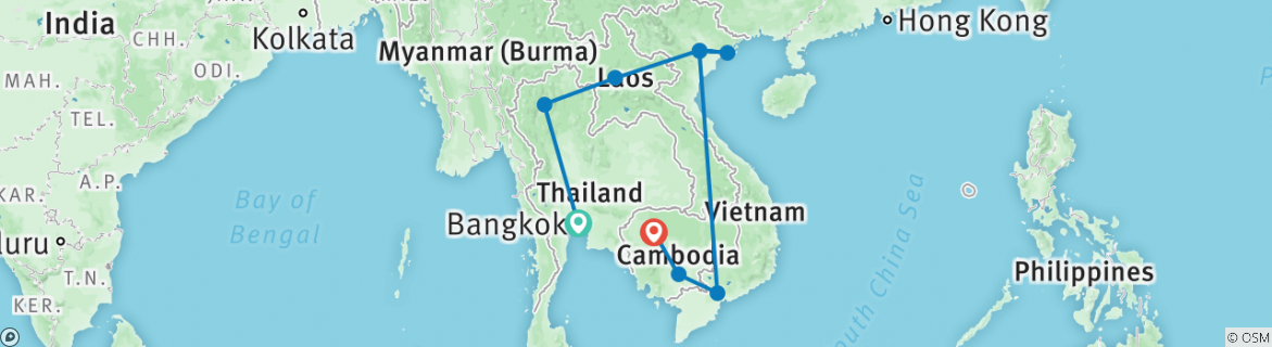 Image of a map showing the route of the tour