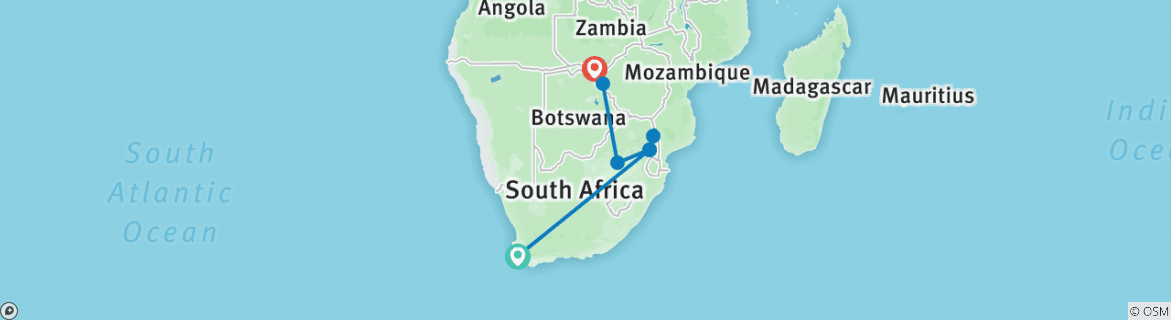 Image of a map showing the route of the tour