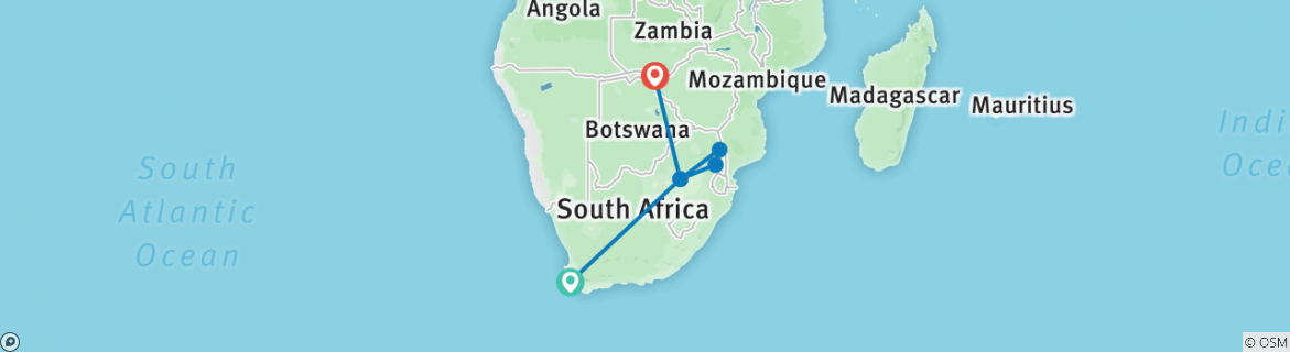 Image of a map showing the route of the tour