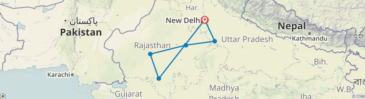 Image of a map showing the route of the tour