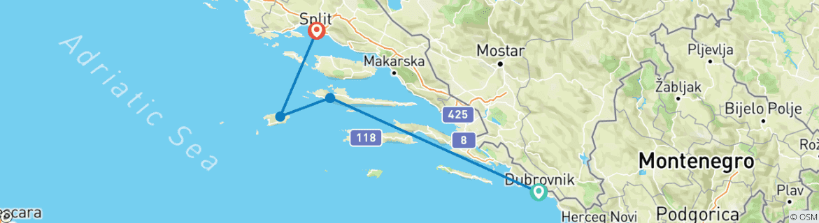 Image of a map showing the route of the tour