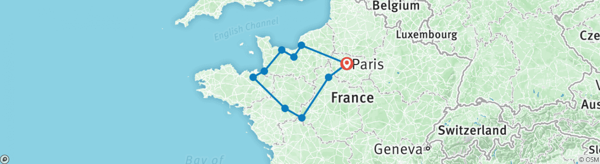 Image of a map showing the route of the tour