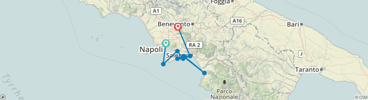 Image of a map showing the route of the tour
