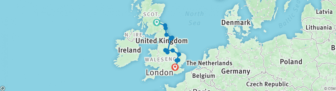 Image of a map showing the route of the tour
