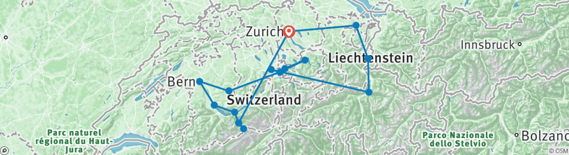 Image of a map showing the route of the tour