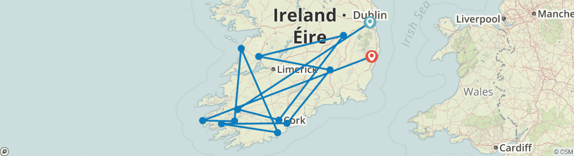 Image of a map showing the route of the tour