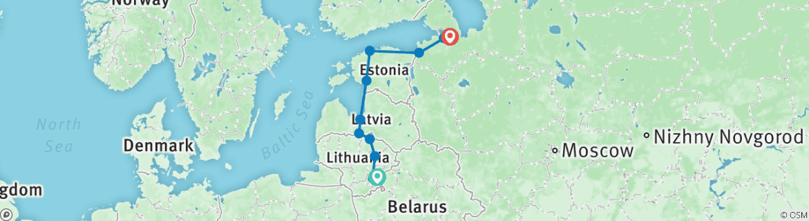 Image of a map showing the route of the tour