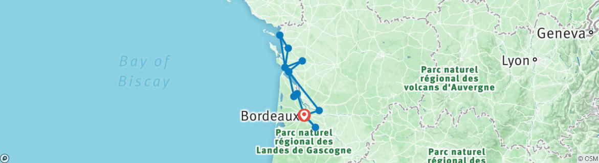 Image of a map showing the route of the tour