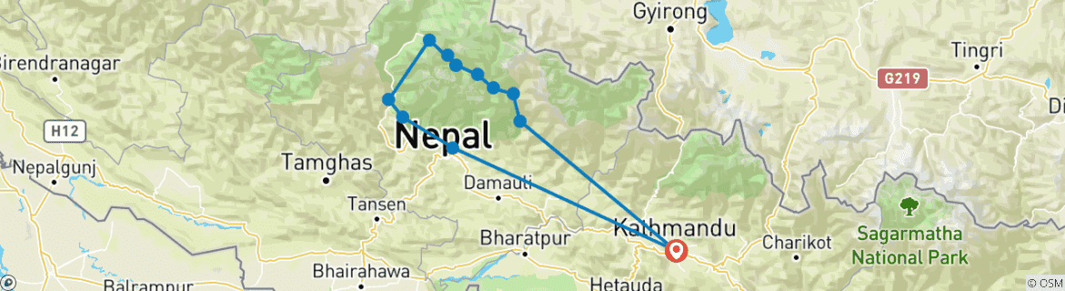 Image of a map showing the route of the tour