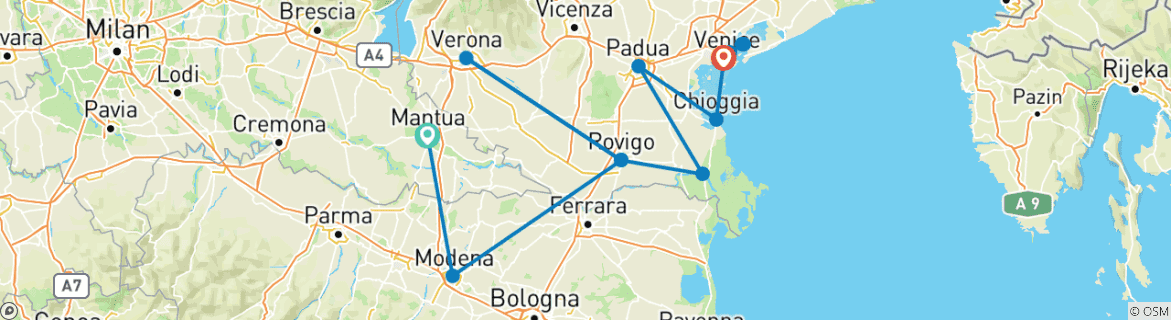 Image of a map showing the route of the tour