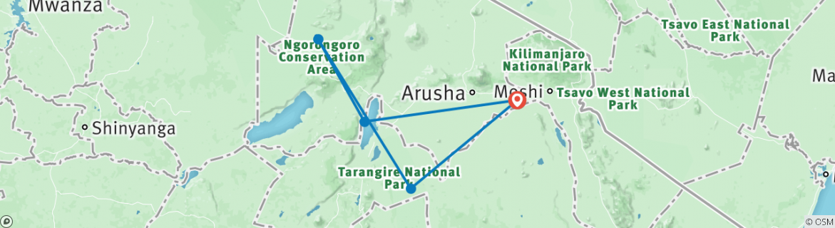 Image of a map showing the route of the tour