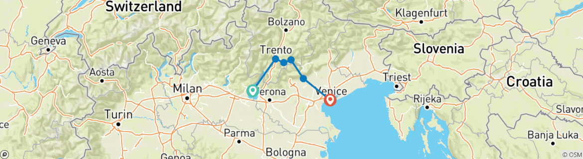 Image of a map showing the route of the tour