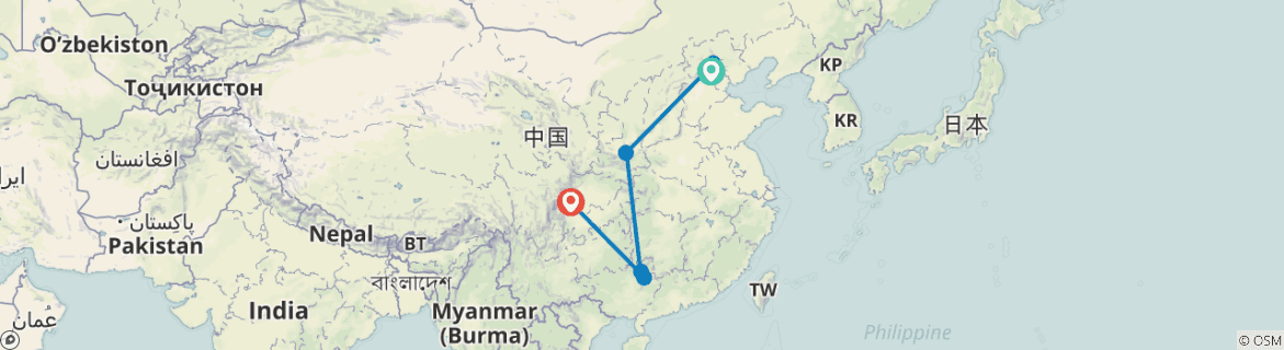 Image of a map showing the route of the tour