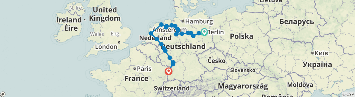Image of a map showing the route of the tour