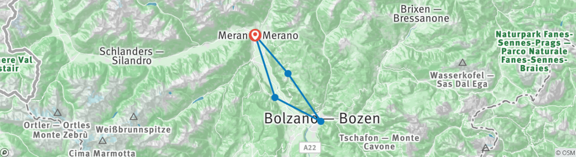 Image of a map showing the route of the tour
