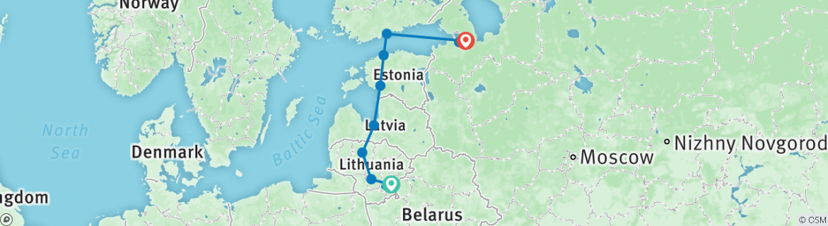 Image of a map showing the route of the tour