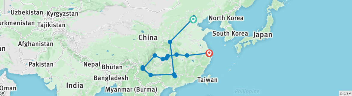 Image of a map showing the route of the tour