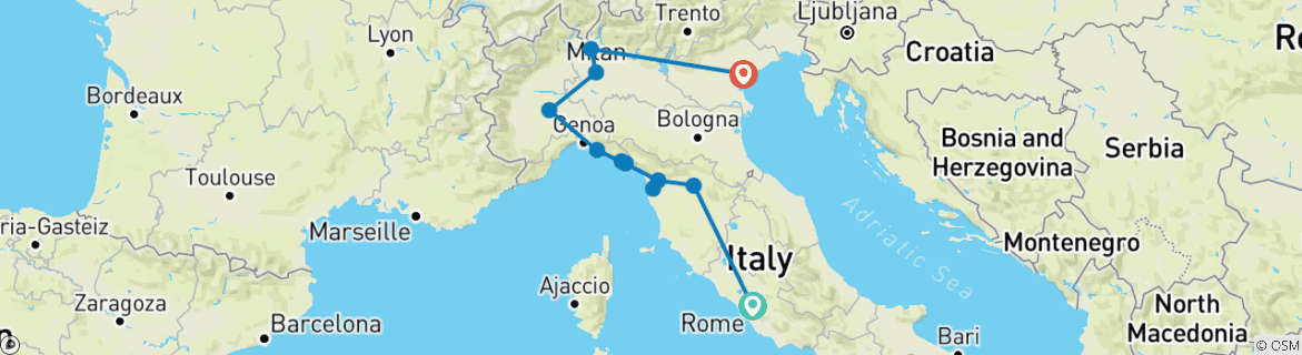 Image of a map showing the route of the tour