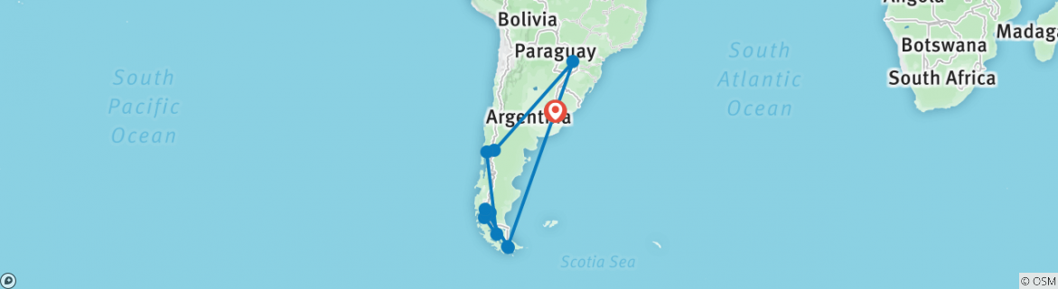 Image of a map showing the route of the tour