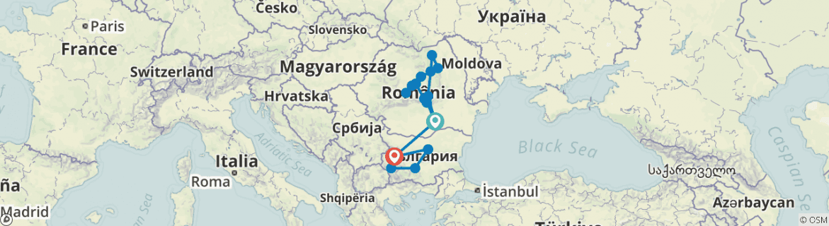 Image of a map showing the route of the tour