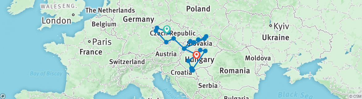 Image of a map showing the route of the tour