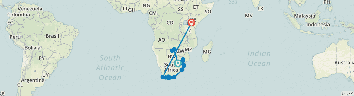 Image of a map showing the route of the tour