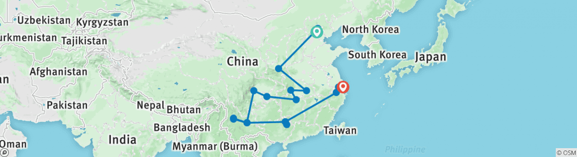 Image of a map showing the route of the tour
