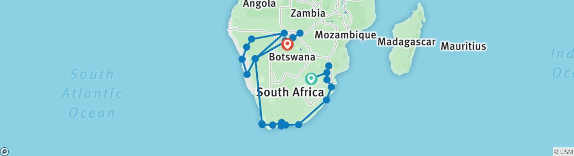 Image of a map showing the route of the tour