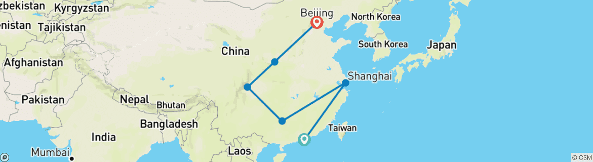 Image of a map showing the route of the tour