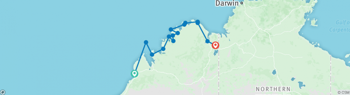 Image of a map showing the route of the tour