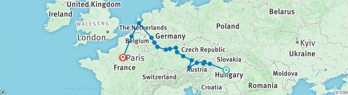 Image of a map showing the route of the tour