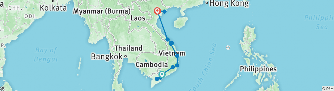 Image of a map showing the route of the tour