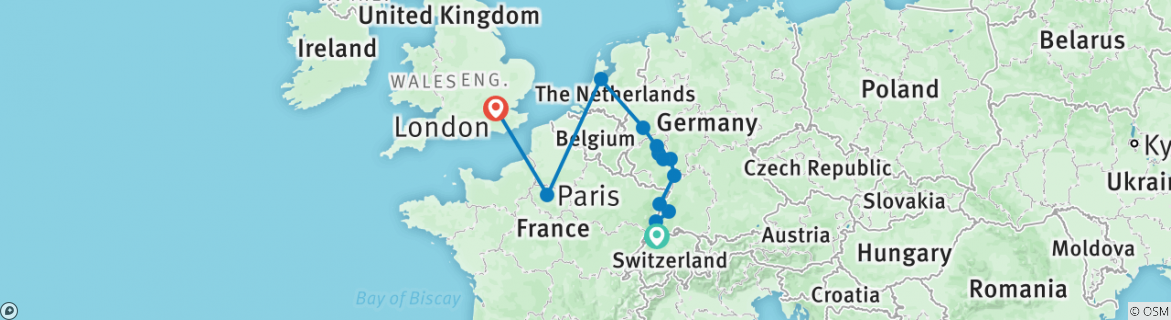 Image of a map showing the route of the tour