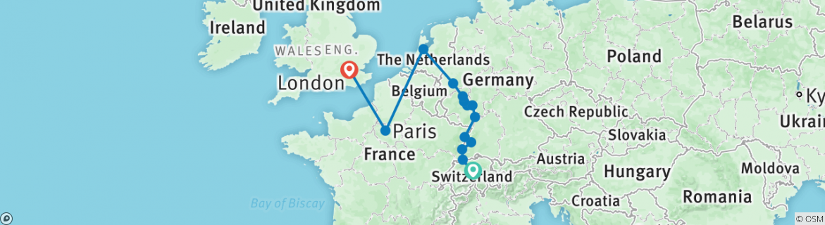 Image of a map showing the route of the tour