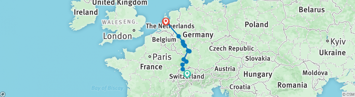 Image of a map showing the route of the tour