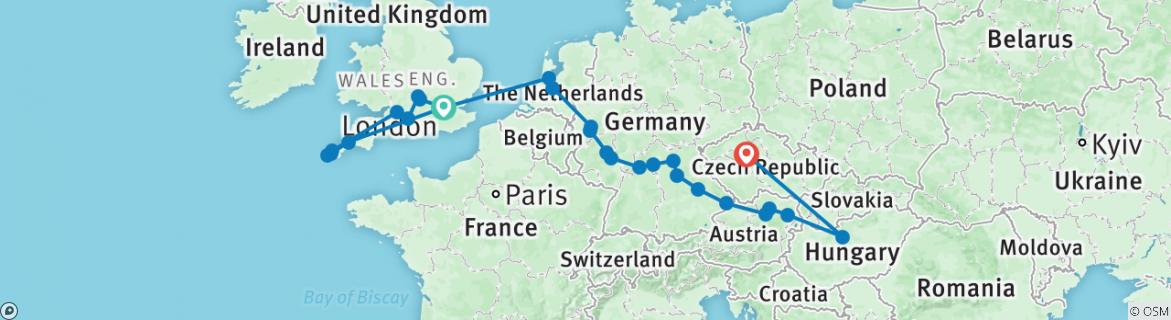 Image of a map showing the route of the tour