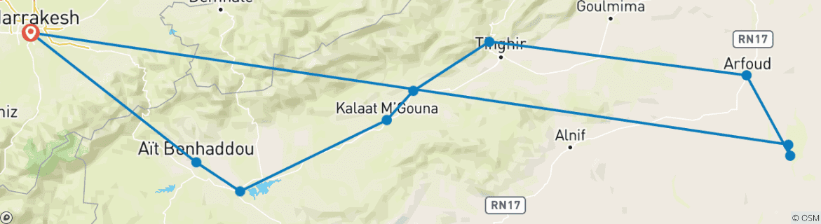Image of a map showing the route of the tour