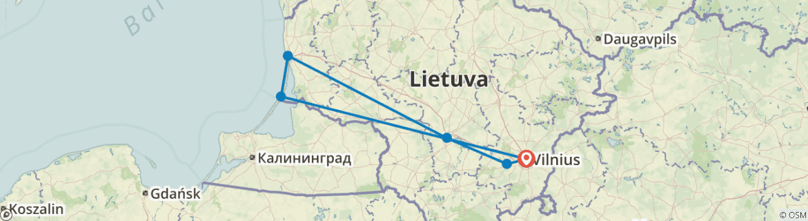 Image of a map showing the route of the tour
