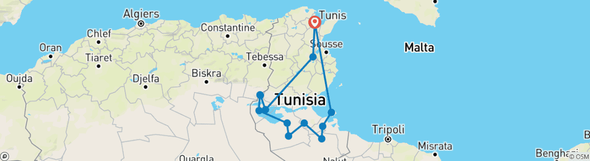 Image of a map showing the route of the tour