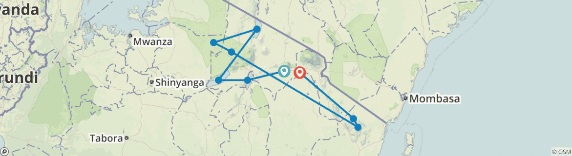 Image of a map showing the route of the tour