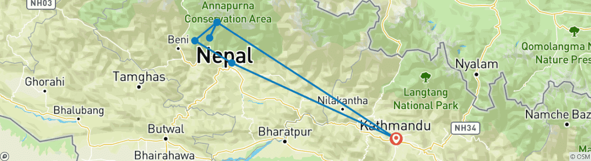 Kaart van Annapurna basecamp trek - comfort