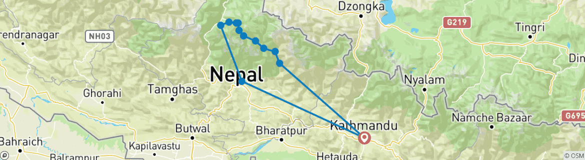 Image of a map showing the route of the tour