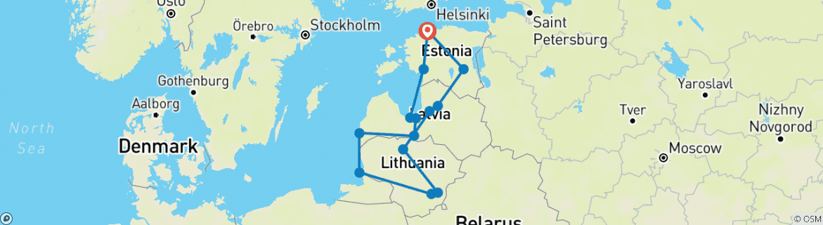 Image of a map showing the route of the tour