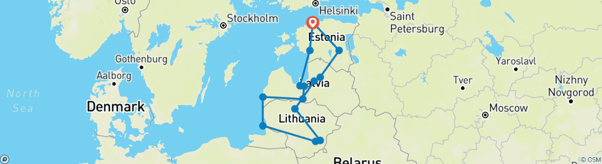 Image of a map showing the route of the tour