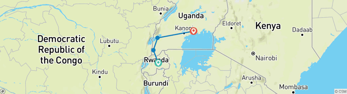 Image of a map showing the route of the tour
