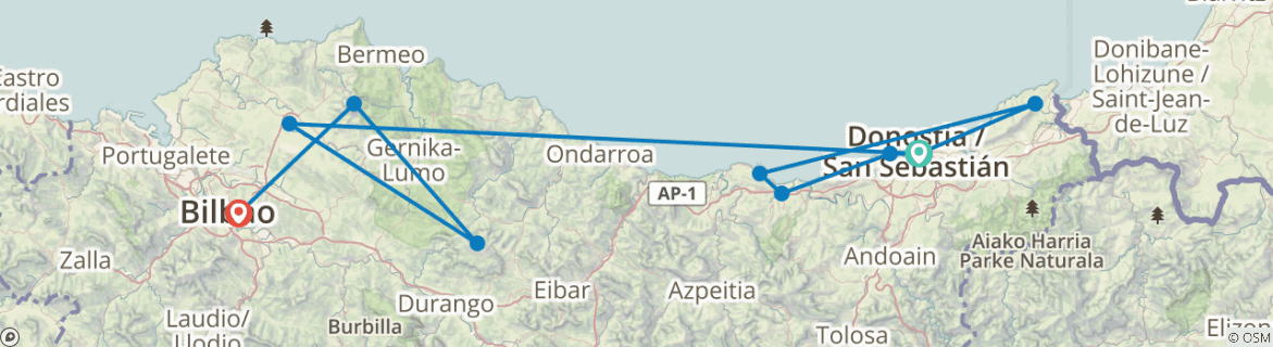 Image of a map showing the route of the tour