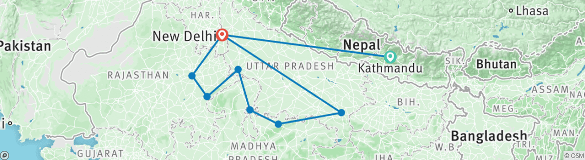 Image of a map showing the route of the tour