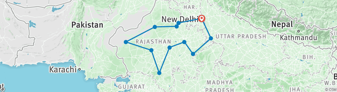 Image of a map showing the route of the tour