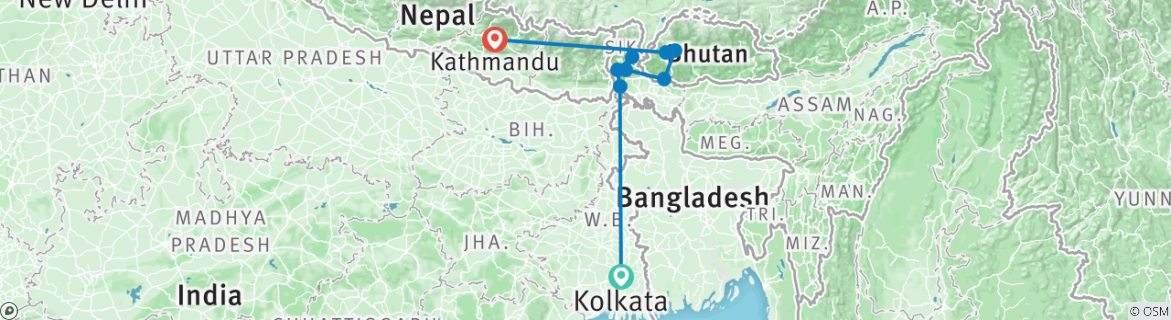 Image of a map showing the route of the tour