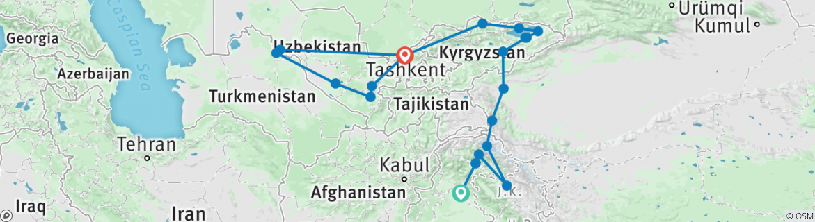 Image of a map showing the route of the tour